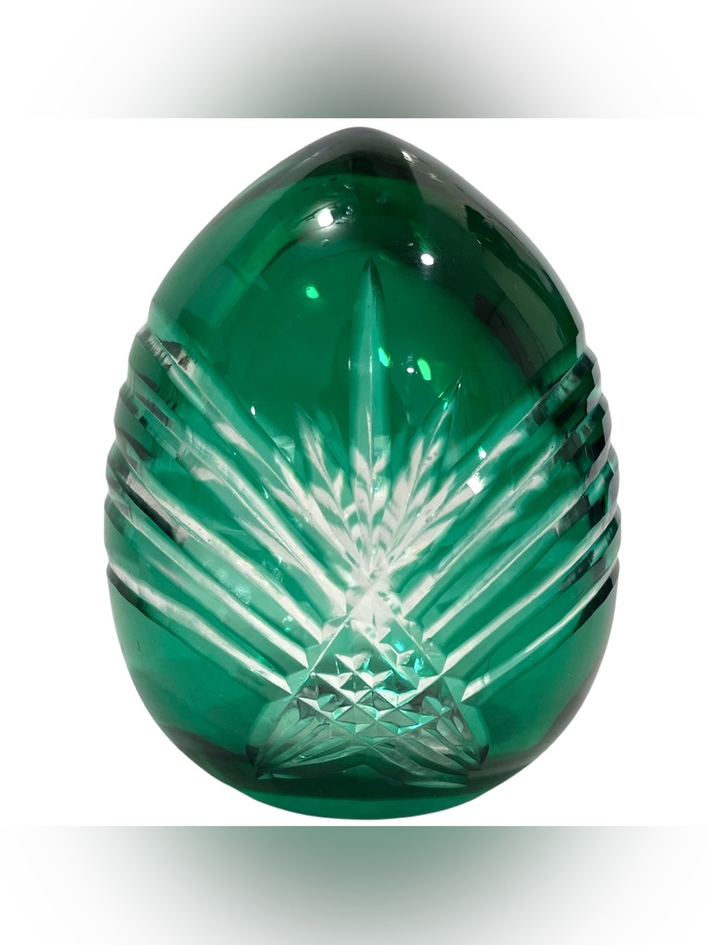 Vintage 1980s Art Deco Bohemian Emerald Green Cut to Clear Glass Egg Paperweight